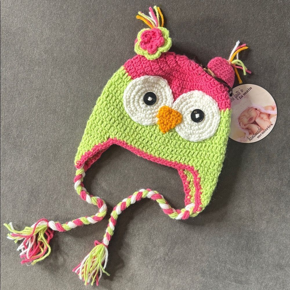 Daisy Baby Girls Owl Beanie Hat Lime Green Pink Braids Photography 2-8 years NWT